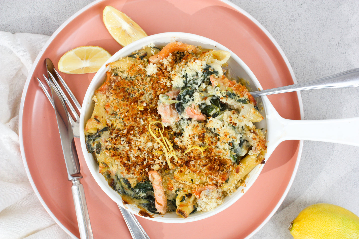 Zesty Panko Crusted Smoked Salmon & Thyme Penne Bake